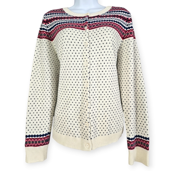 NWOT Talbots white & pink Lambswool blend Fair Isle cardigan sweater Women Large - Picture 2 of 7